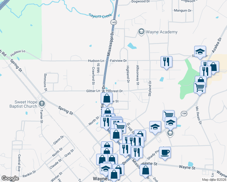 map of restaurants, bars, coffee shops, grocery stores, and more near 1301 Shana Street in Waynesboro