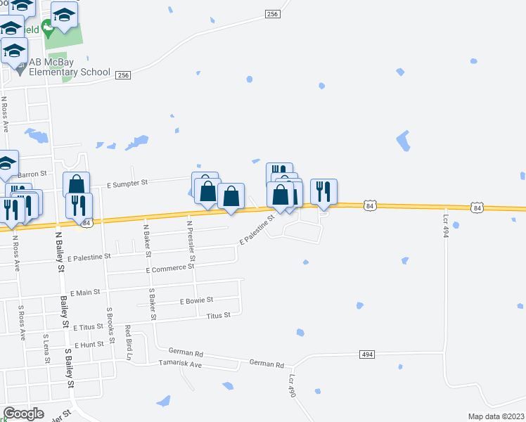 map of restaurants, bars, coffee shops, grocery stores, and more near 1309 East Milam Street in Mexia