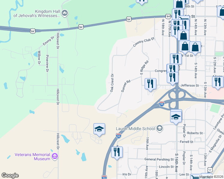 map of restaurants, bars, coffee shops, grocery stores, and more near 63-99 Oak Crest Dr in Laurel