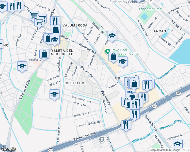 map of restaurants, bars, coffee shops, grocery stores, and more near 9323 Socorro Road in El Paso