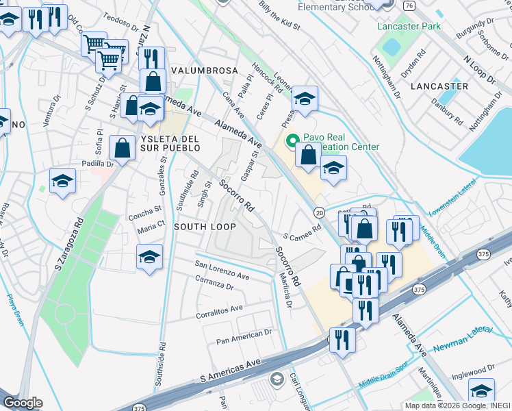 map of restaurants, bars, coffee shops, grocery stores, and more near 9323 Socorro Road in El Paso