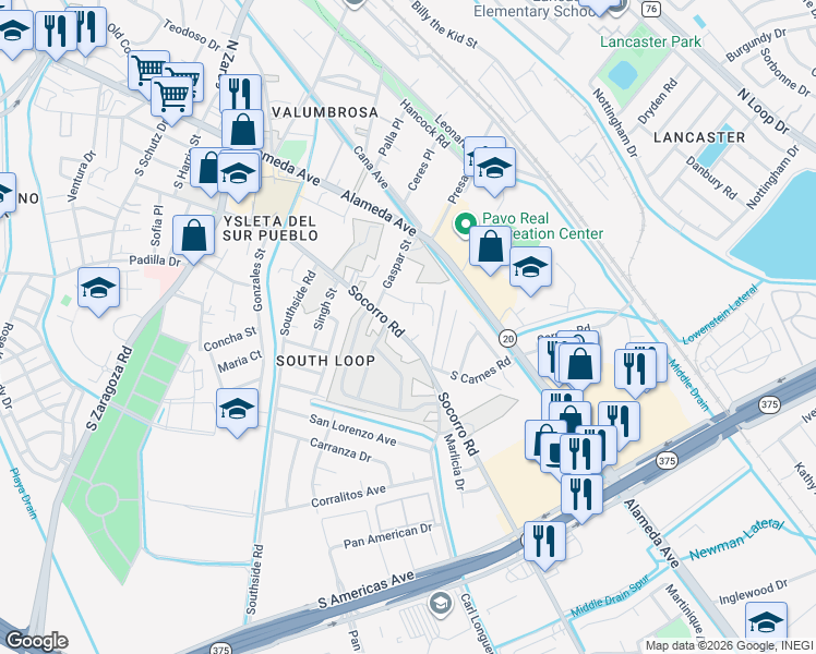map of restaurants, bars, coffee shops, grocery stores, and more near 9323 Socorro Road in El Paso