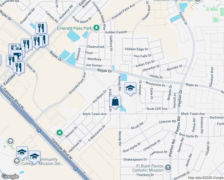 map of restaurants, bars, coffee shops, grocery stores, and more near 180 Via Rojas in El Paso
