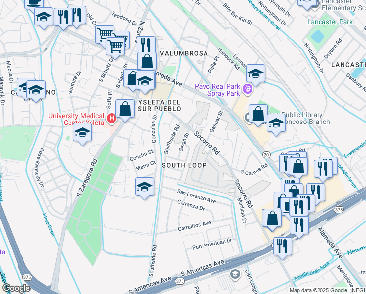 map of restaurants, bars, coffee shops, grocery stores, and more near 318 Singh Street in El Paso
