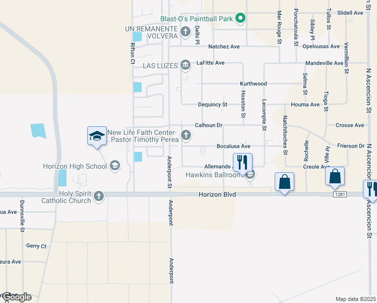 map of restaurants, bars, coffee shops, grocery stores, and more near 14720 Bocalusa Avenue in El Paso
