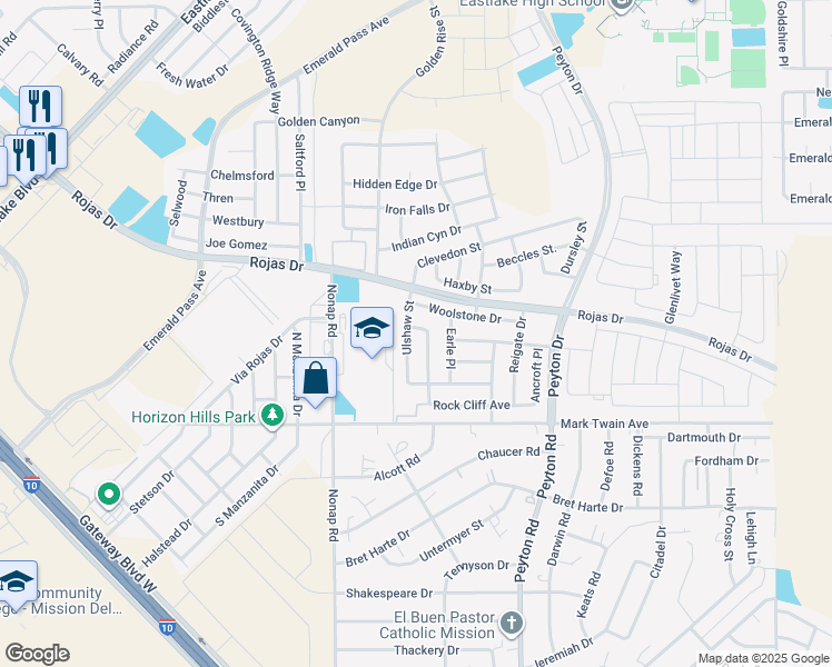 map of restaurants, bars, coffee shops, grocery stores, and more near 12804 Epsom Drive in El Paso