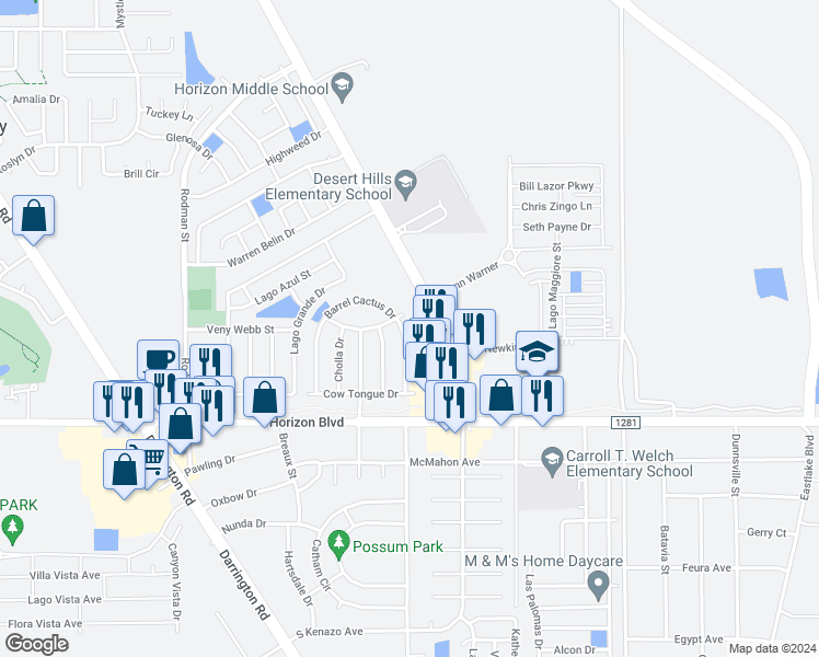 map of restaurants, bars, coffee shops, grocery stores, and more near 313 Barrel Cactus Drive in Horizon City