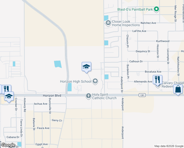 map of restaurants, bars, coffee shops, grocery stores, and more near 14651 Horizon Boulevard in Horizon City