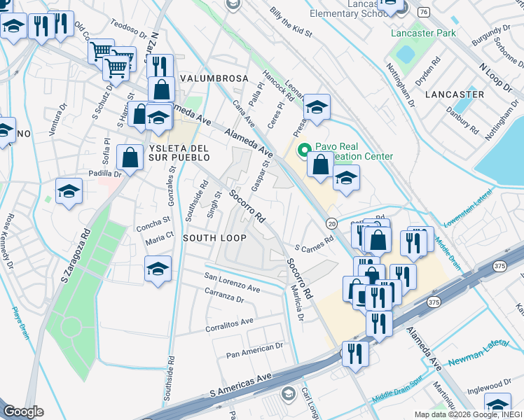 map of restaurants, bars, coffee shops, grocery stores, and more near 9323 Socorro Road in El Paso