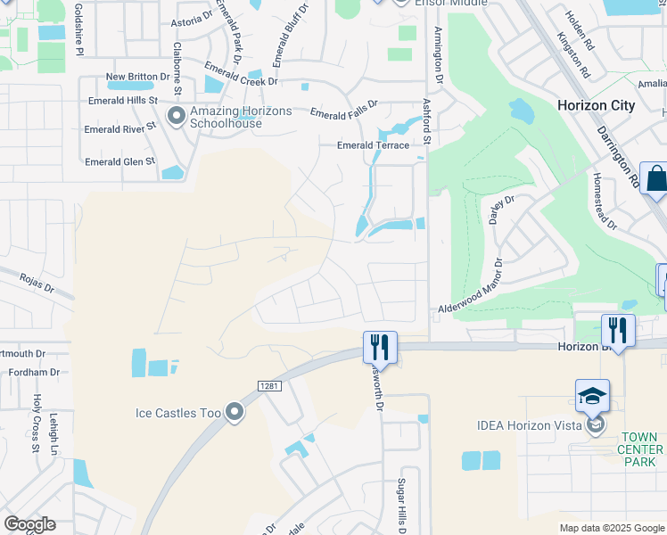 map of restaurants, bars, coffee shops, grocery stores, and more near 257 Emerald Tower Drive in Horizon City