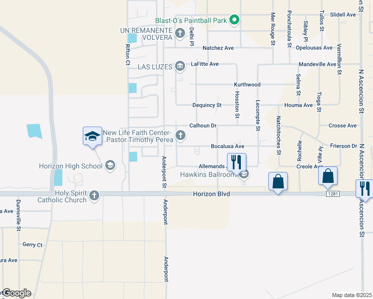 map of restaurants, bars, coffee shops, grocery stores, and more near 14720 Bocalusa Avenue in El Paso