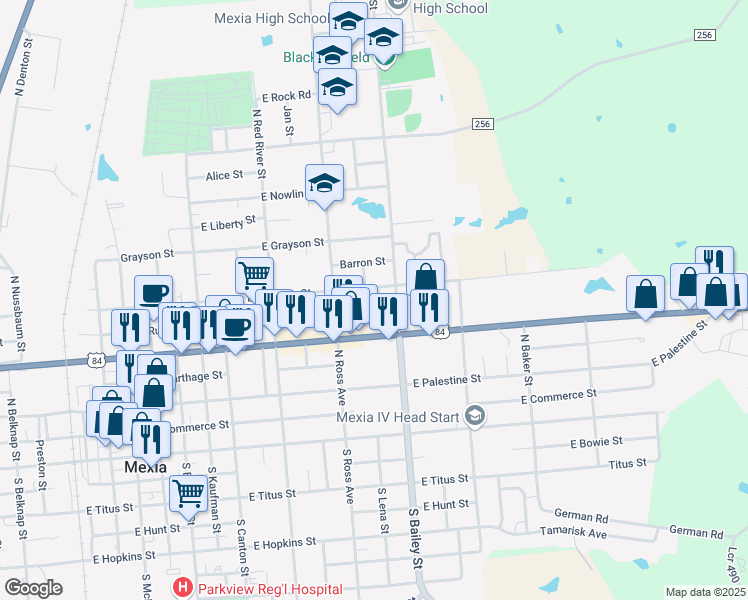 map of restaurants, bars, coffee shops, grocery stores, and more near 920 East Sumpter Street in Mexia