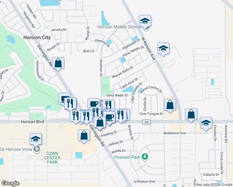 map of restaurants, bars, coffee shops, grocery stores, and more near 13977 Veny Webb Street in Horizon City