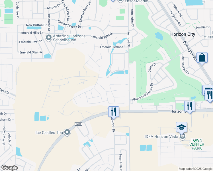 map of restaurants, bars, coffee shops, grocery stores, and more near 257 Emerald Tower Drive in Horizon City