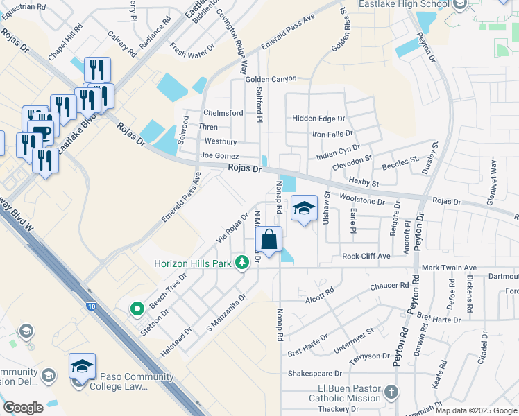 map of restaurants, bars, coffee shops, grocery stores, and more near 180 Via Rojas Drive in El Paso