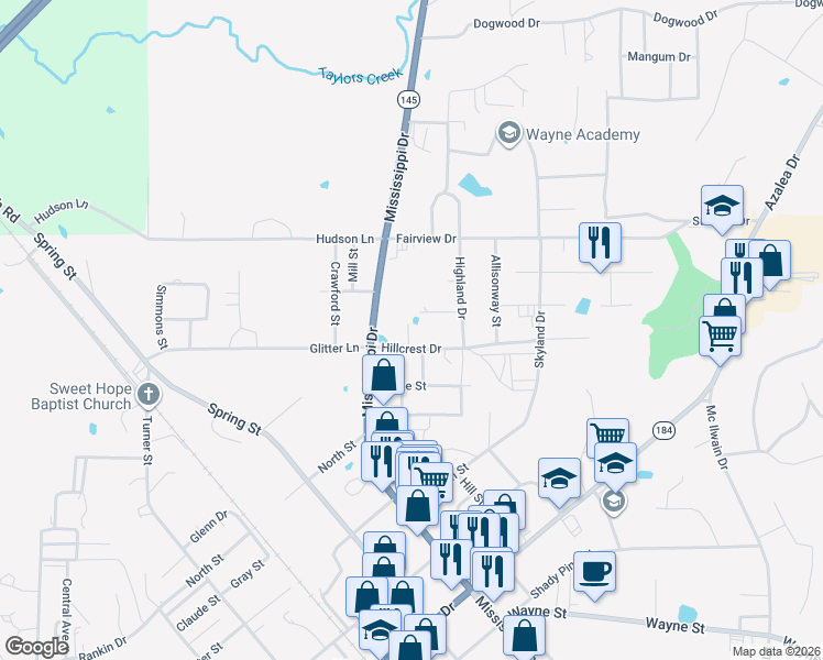 map of restaurants, bars, coffee shops, grocery stores, and more near 1301-1307 Shana Street in Waynesboro