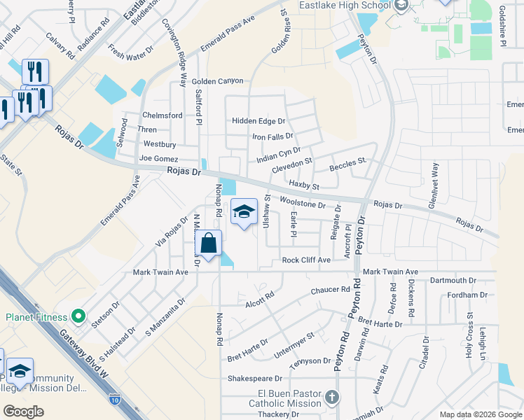 map of restaurants, bars, coffee shops, grocery stores, and more near 12804 Epsom Drive in El Paso