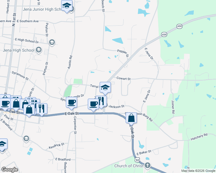 map of restaurants, bars, coffee shops, grocery stores, and more near 5877 Aimwell Road in Jena
