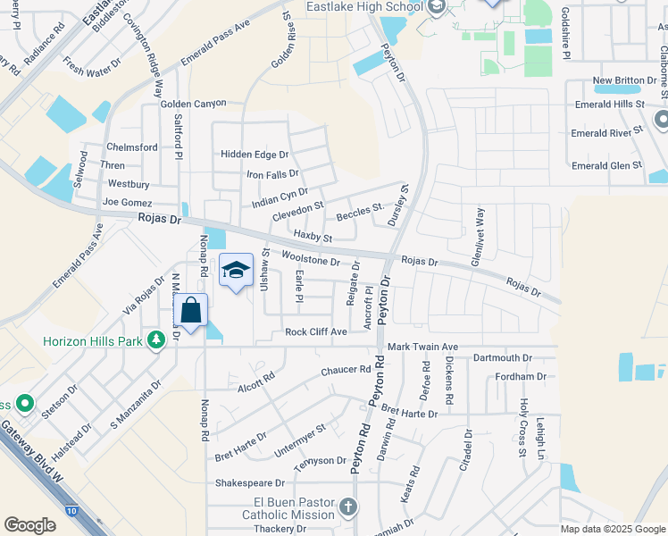map of restaurants, bars, coffee shops, grocery stores, and more near 12870 Woolstone Drive in El Paso