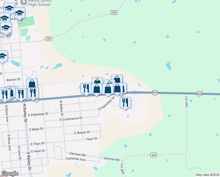 map of restaurants, bars, coffee shops, grocery stores, and more near 1309-1399 E Milam St in Mexia