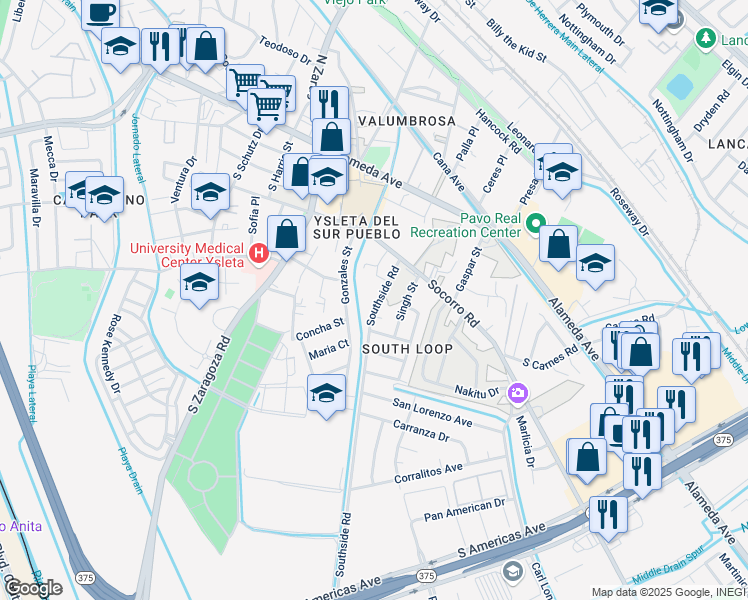 map of restaurants, bars, coffee shops, grocery stores, and more near 266 Riverside Drive in El Paso