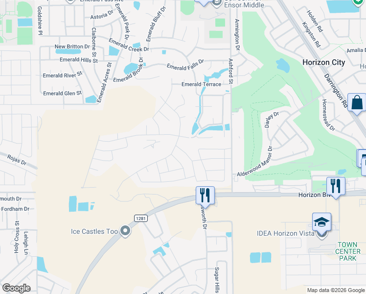 map of restaurants, bars, coffee shops, grocery stores, and more near 257 Emerald Tower Drive in Horizon City