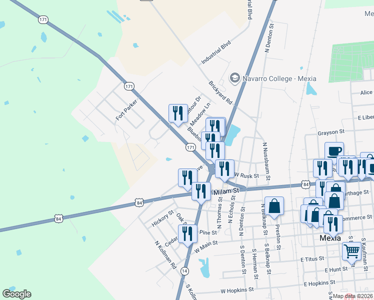 map of restaurants, bars, coffee shops, grocery stores, and more near 825 Tehuacana Highway in Mexia