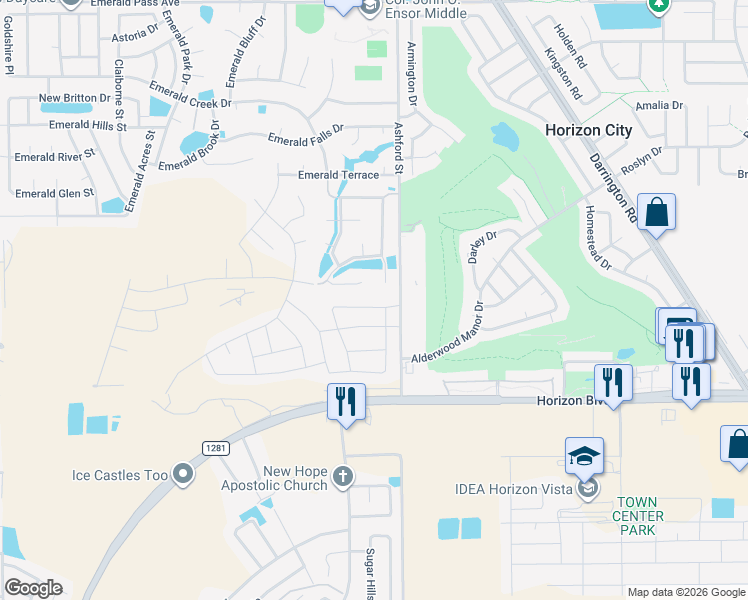 map of restaurants, bars, coffee shops, grocery stores, and more near 13448 Emerald Crystal Drive in Horizon City