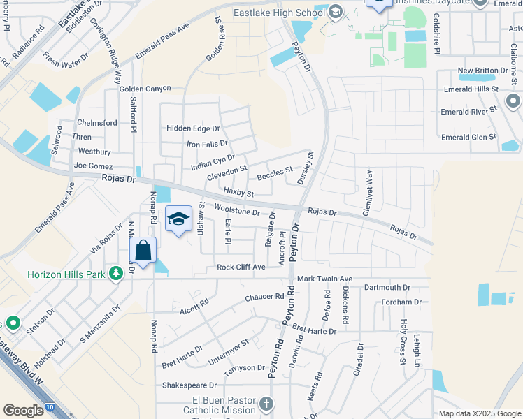 map of restaurants, bars, coffee shops, grocery stores, and more near 12870 Woolstone Drive in El Paso