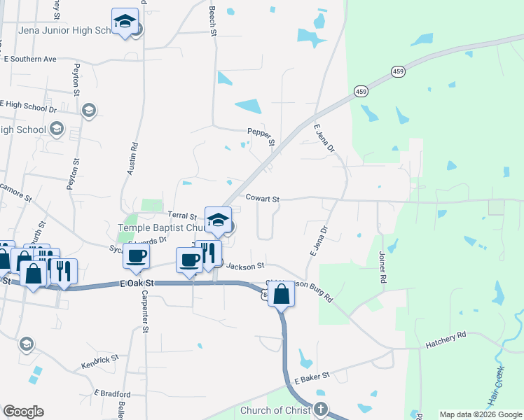 map of restaurants, bars, coffee shops, grocery stores, and more near 100-142 Taylor Loop in Jena