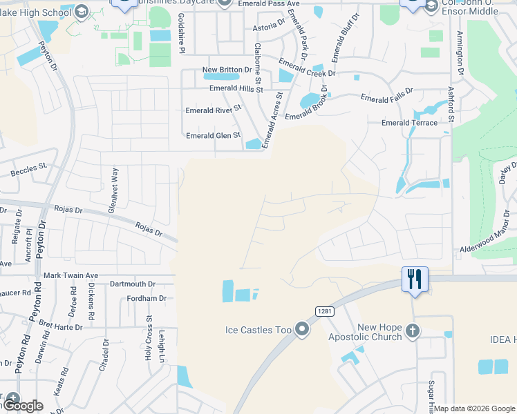 map of restaurants, bars, coffee shops, grocery stores, and more near Emerald Park Drive in El Paso