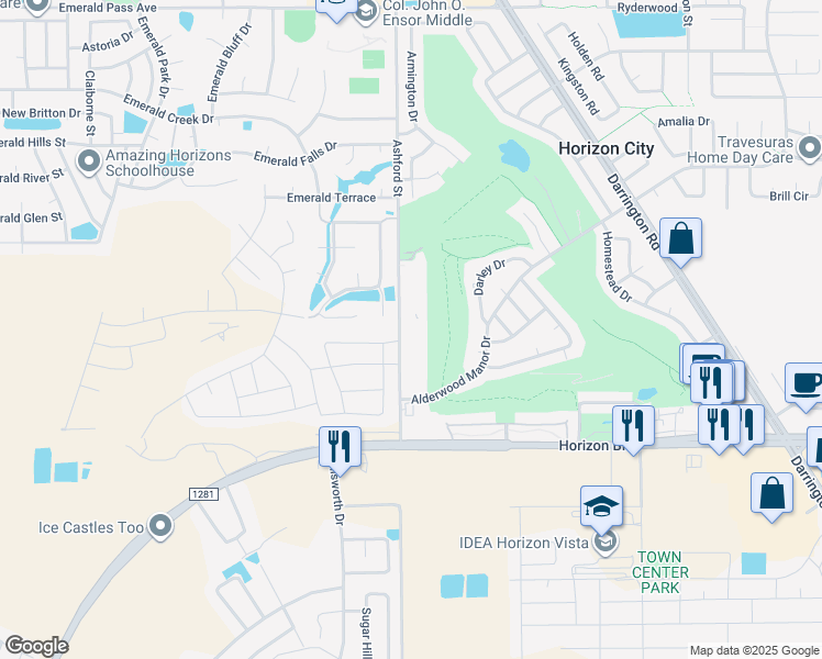 map of restaurants, bars, coffee shops, grocery stores, and more near 15000 Ashford Street in Horizon City