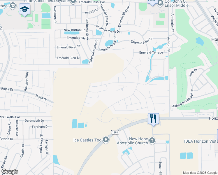 map of restaurants, bars, coffee shops, grocery stores, and more near Emerald Park Dr in El Paso