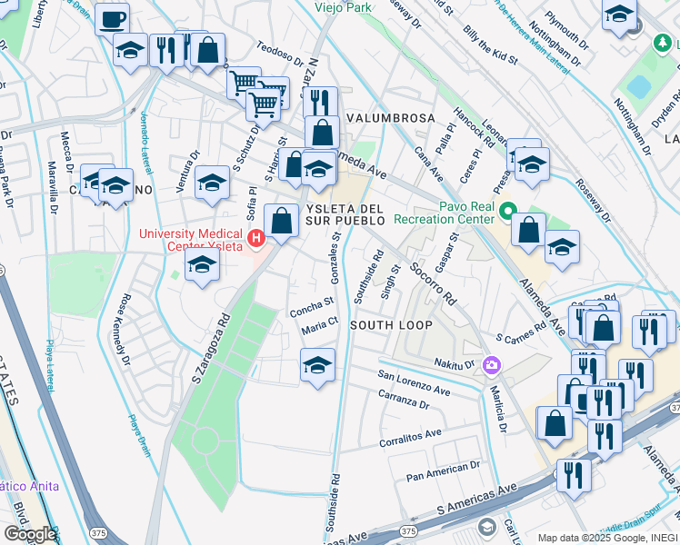 map of restaurants, bars, coffee shops, grocery stores, and more near 266 Riverside Drive in El Paso