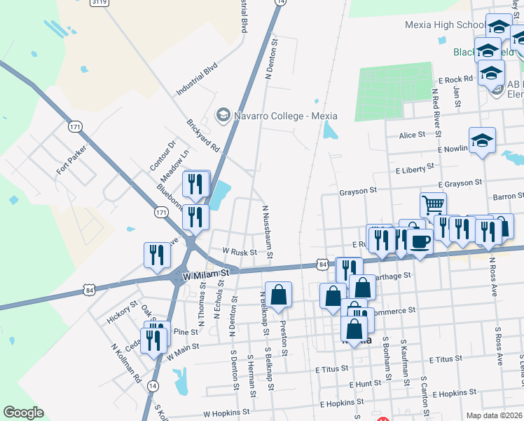 map of restaurants, bars, coffee shops, grocery stores, and more near 715 North Nussbaum Street in Mexia