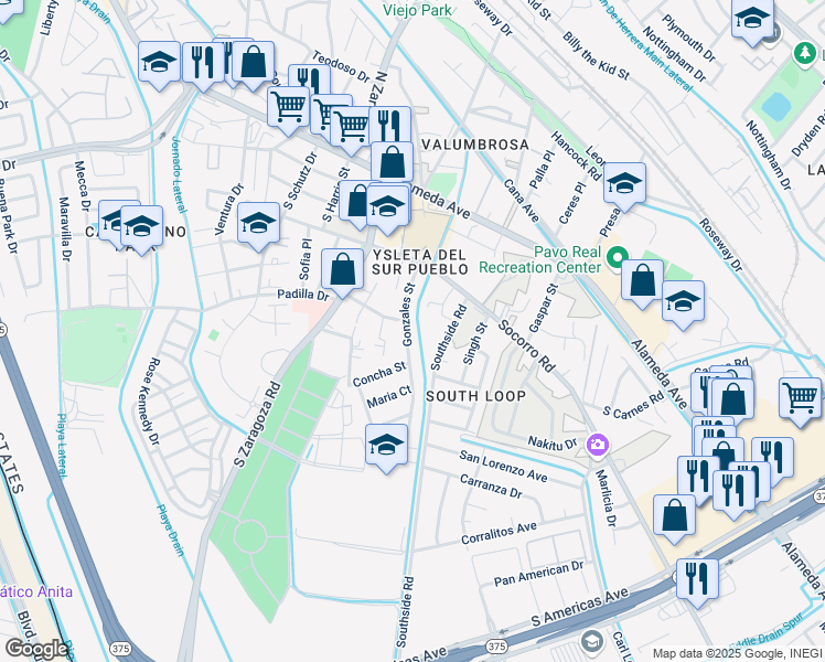 map of restaurants, bars, coffee shops, grocery stores, and more near 266 Riverside Drive in El Paso