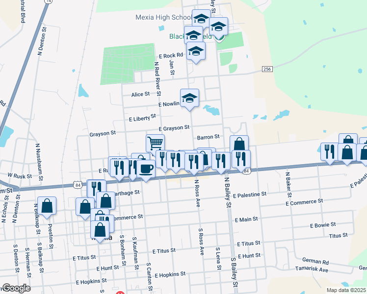 map of restaurants, bars, coffee shops, grocery stores, and more near 816 East Sumpter Street in Mexia