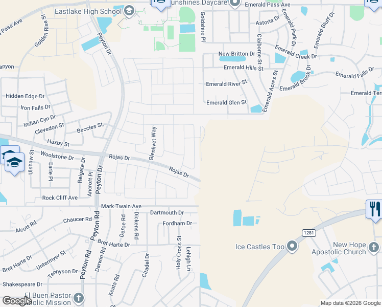 map of restaurants, bars, coffee shops, grocery stores, and more near Rojas Drive in El Paso