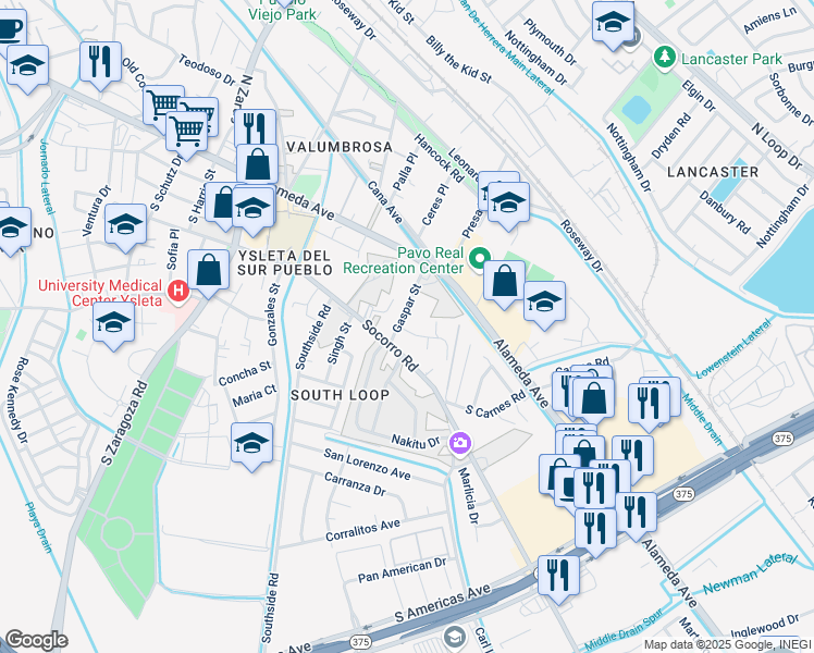 map of restaurants, bars, coffee shops, grocery stores, and more near 129 Gaspar Street in El Paso