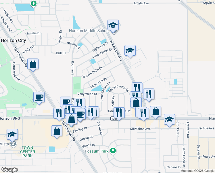 map of restaurants, bars, coffee shops, grocery stores, and more near 220 Lago Grande Drive in Horizon City