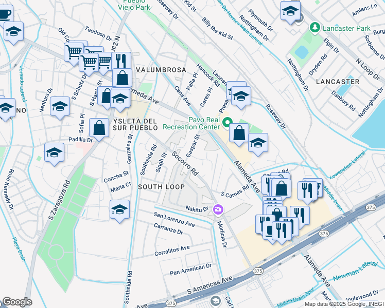 map of restaurants, bars, coffee shops, grocery stores, and more near 129 Gaspar Street in El Paso