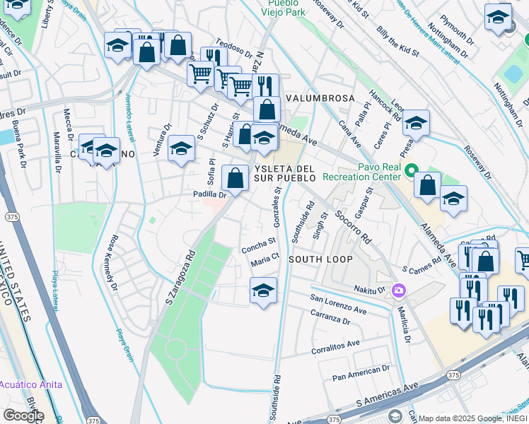 map of restaurants, bars, coffee shops, grocery stores, and more near 248 Emma Way in El Paso