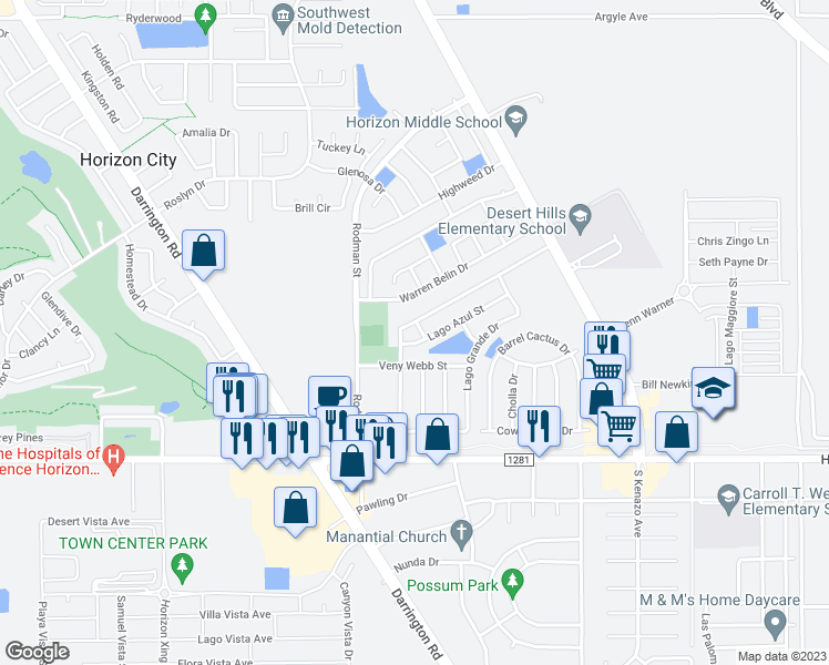 map of restaurants, bars, coffee shops, grocery stores, and more near 233 Lago Claro Drive in Horizon City