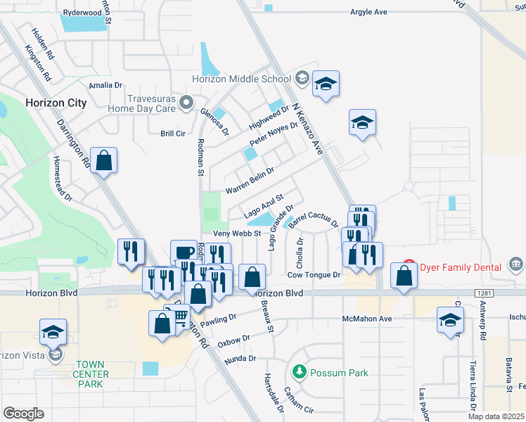 map of restaurants, bars, coffee shops, grocery stores, and more near 14020 Lago Azul Street in Horizon City