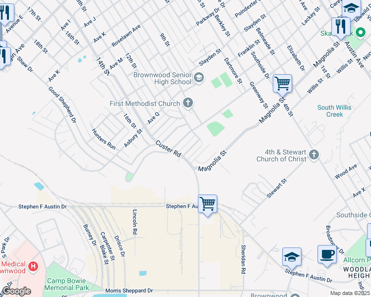map of restaurants, bars, coffee shops, grocery stores, and more near 2410 Good Shepherd Drive in Brownwood