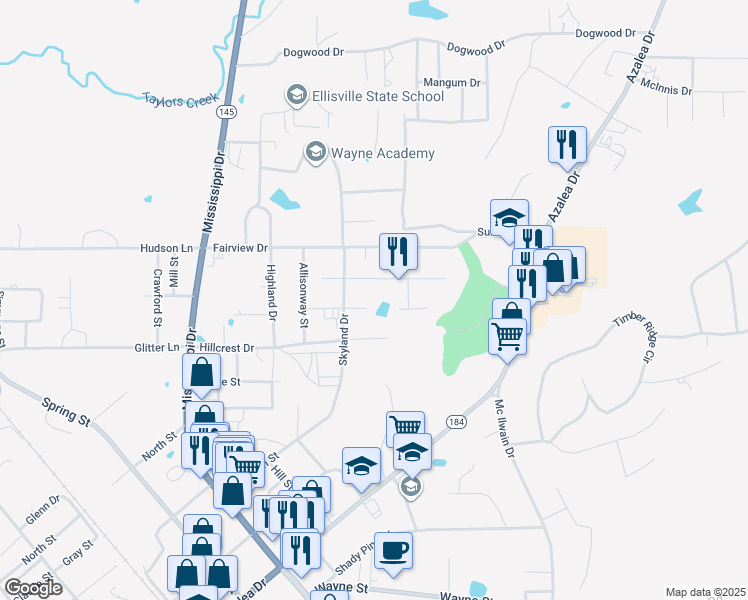 map of restaurants, bars, coffee shops, grocery stores, and more near 1300-1368 Walnut Street in Waynesboro