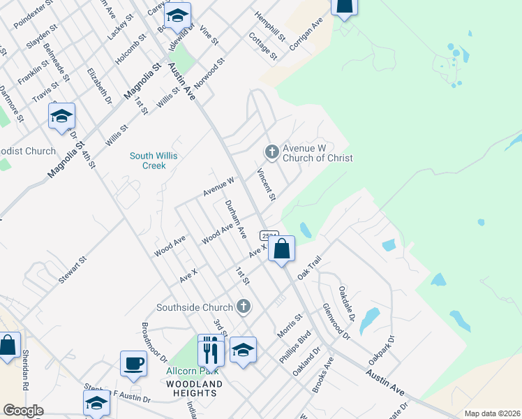 map of restaurants, bars, coffee shops, grocery stores, and more near 3406 Austin Avenue in Brownwood