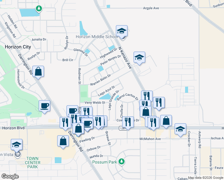 map of restaurants, bars, coffee shops, grocery stores, and more near 14036 Lago Azul St in Horizon City
