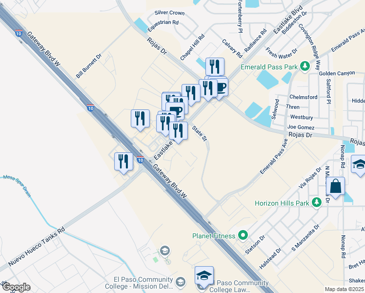 map of restaurants, bars, coffee shops, grocery stores, and more near 12300 Eastlake Dr in El Paso