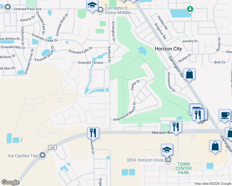 map of restaurants, bars, coffee shops, grocery stores, and more near 15000 Ashford Street in Horizon City
